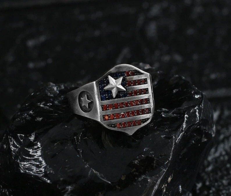 Ring USA Flag American 925 Sterling Silver Blue Red Patriotic Mens Ring