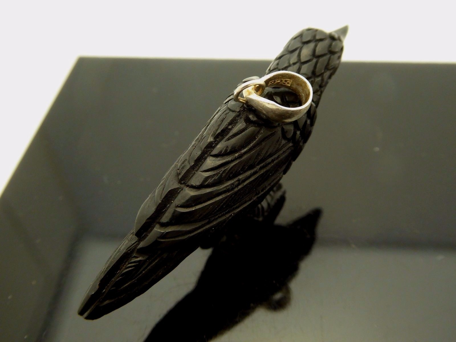 Black Crow Water Buffalo Horn Sterling Silver 3D Bird Pendant Talisman Necklace
