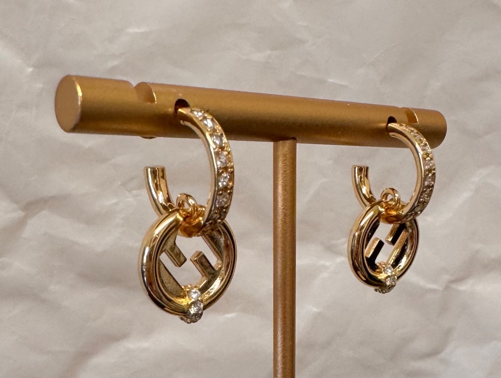 Fendi Gold Tone FF Logo Crystal Hoop Earrings Small Drop # 548