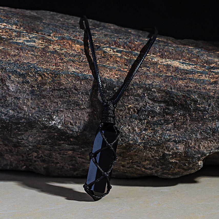 Natural Obsidian Stone Pendant Double Point Crystal Wrap Stone Charm Necklace
