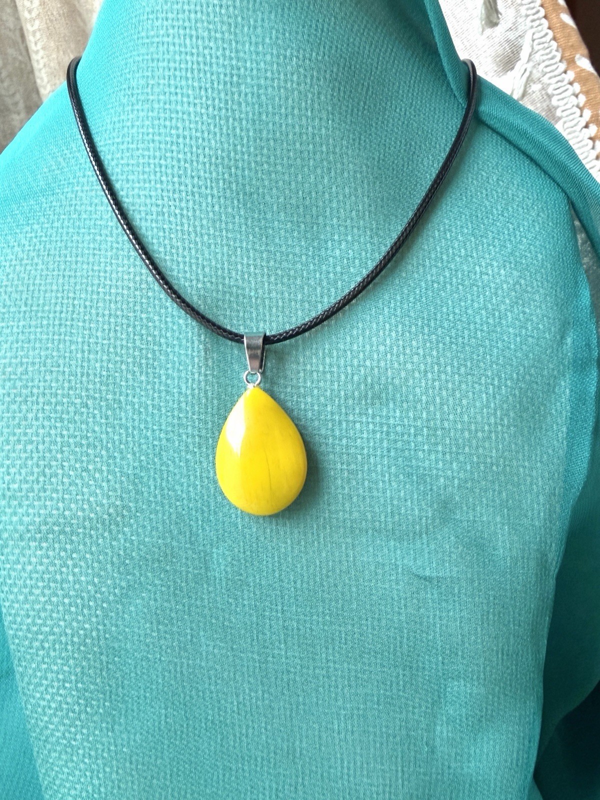 Mustard Yellow Jasper Pendant Necklace 19in Black Cord Dark Academia Mid-Century