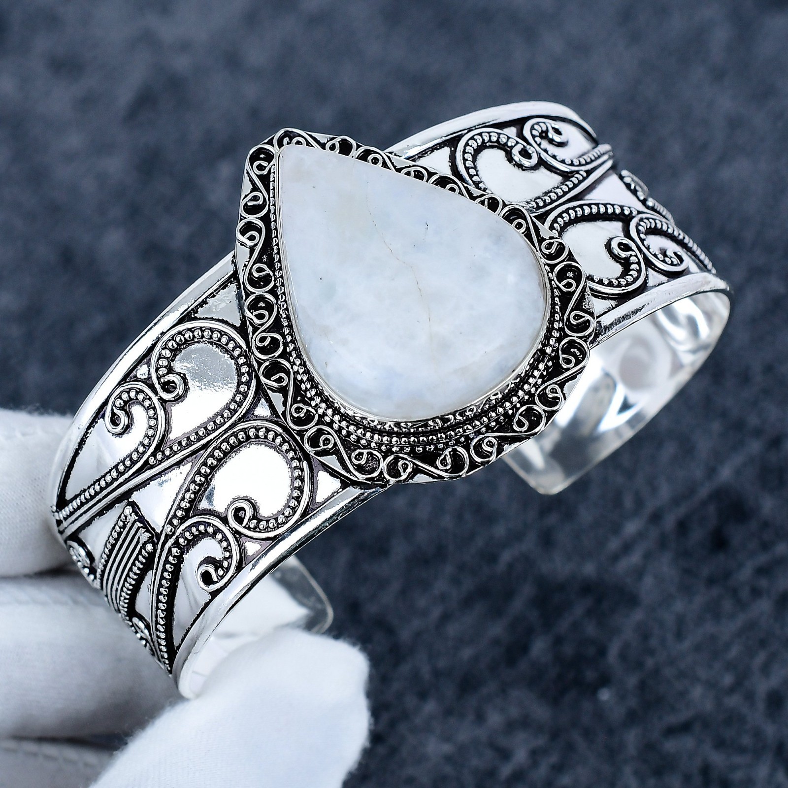 Moonstone Gemstone Bangle Stone 925 Sterling Silver Jewelry Handmade Cuff