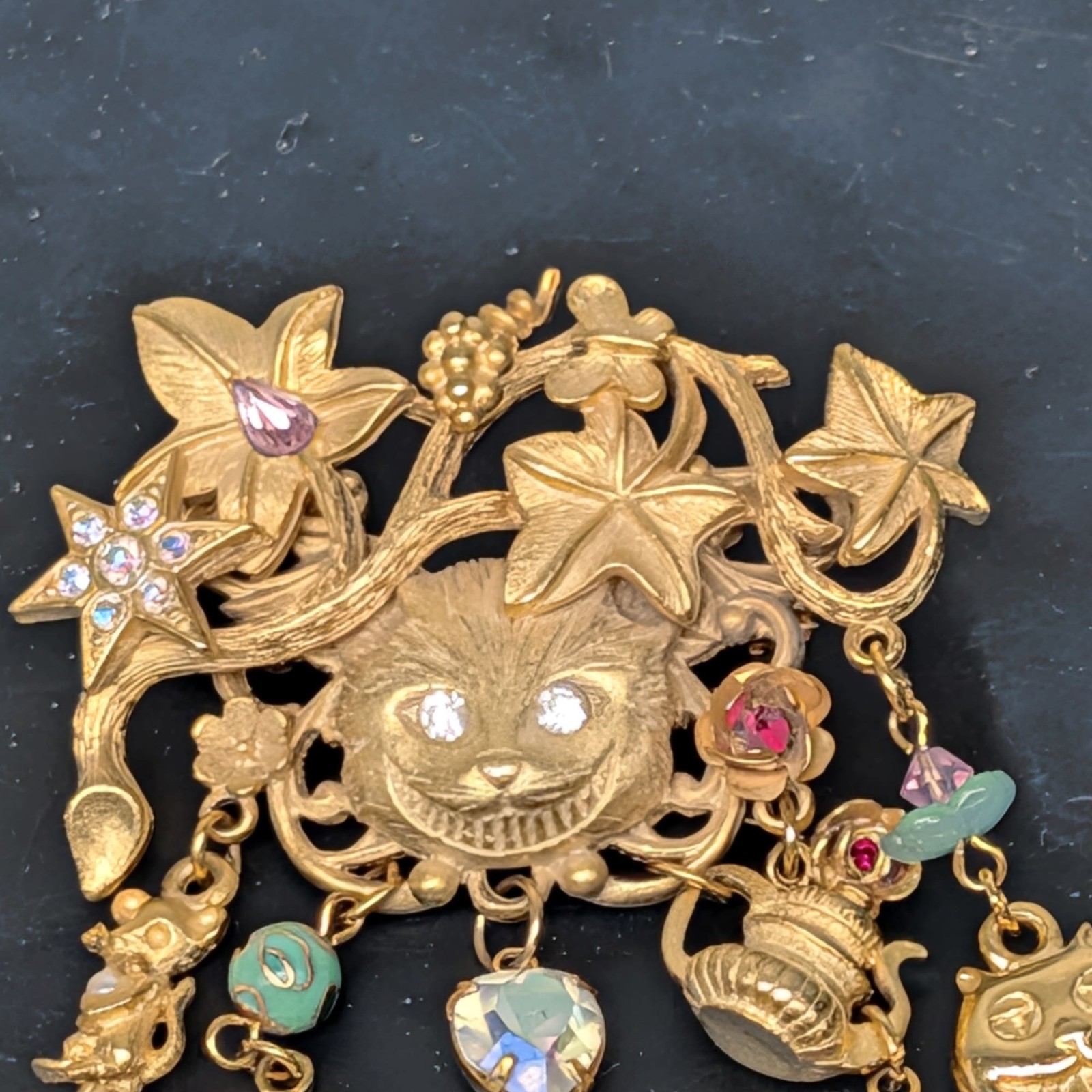Kirks Folly Alice In Wonderland Cheshire Cat Gold Brooch Pin 6 Charms â­