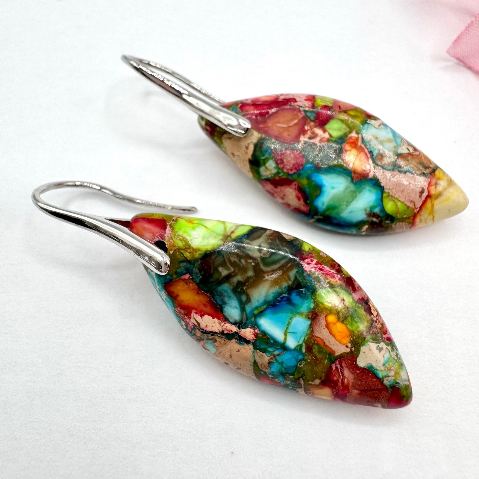 Colorful Dyed Composite Stone Earrings Silver Tone Ear Wires Modern