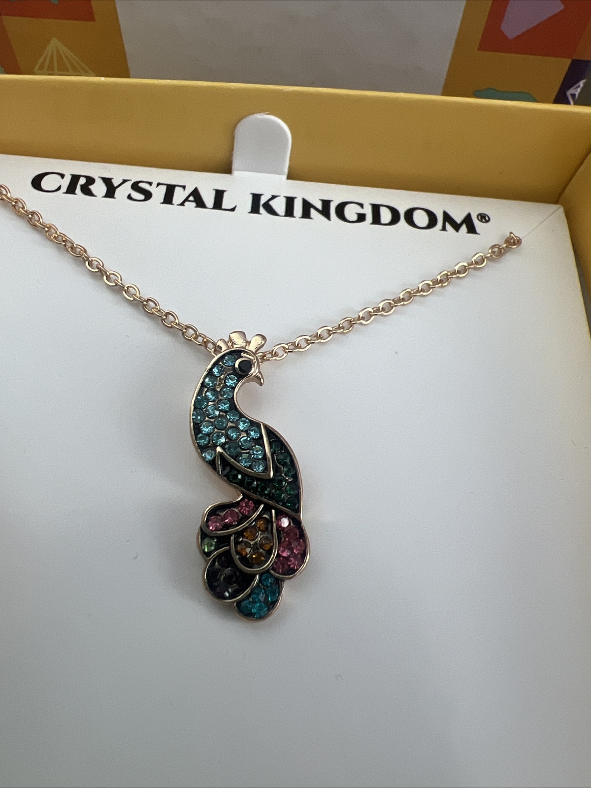 Crystal Kingdom Peacock Pendant Necklace 15-17″ Chain in Box Gold Tone -NEW