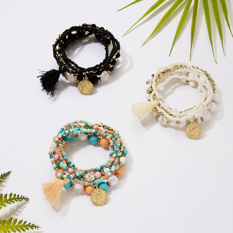 Fashion 6Pcs/Set Boho Tassel Crystal Multilayer Women Bangle Beaded Bracelet New