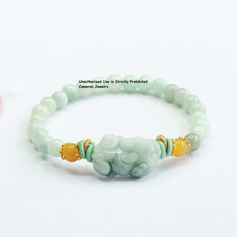Real Natural Green White Jade Jadeite Women Lucky Pixiu 6mm Beads Bracelet