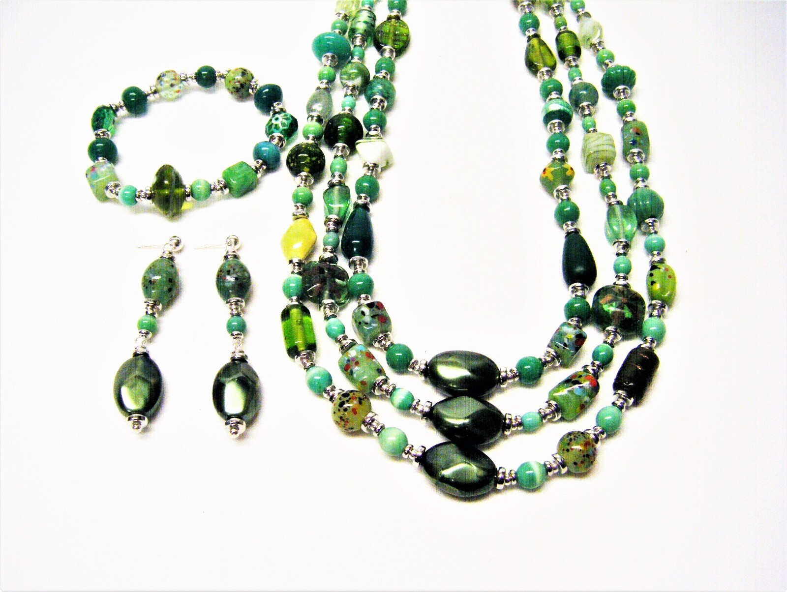 3 Strand Various Shades of Mixed Green Shapes/Sizes Glass Bead Neck/Brace/Earrin