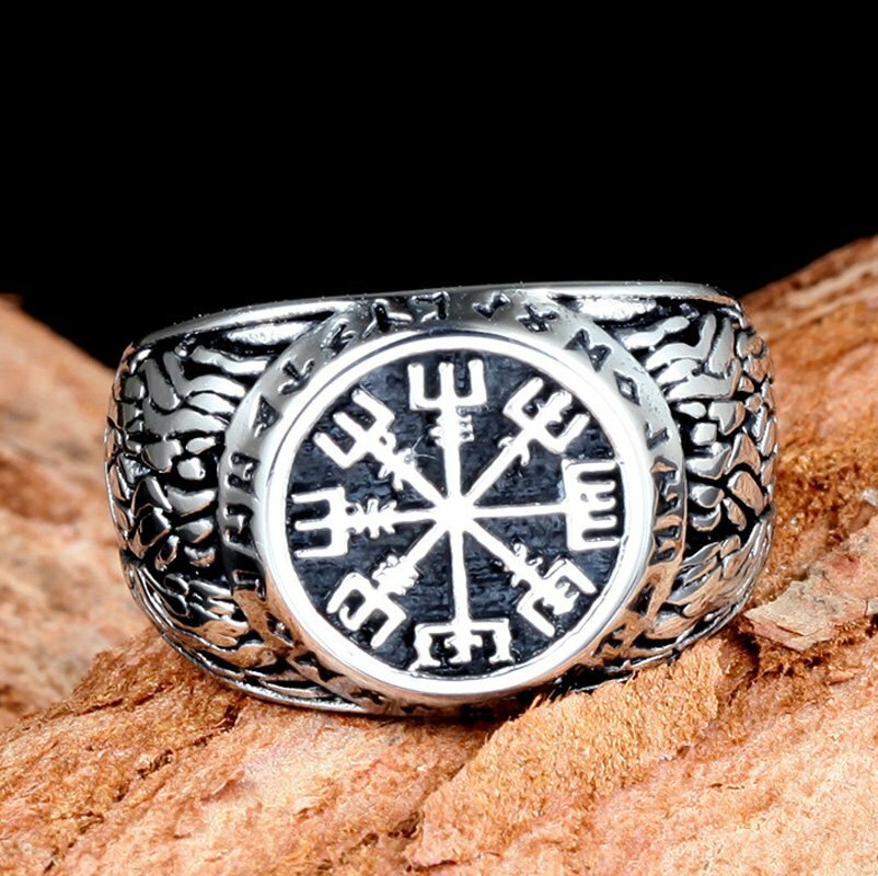 MENDEL Mens Nordic Viking Rune Vegvisir Compass Ring Stainless Steel Size 7-15