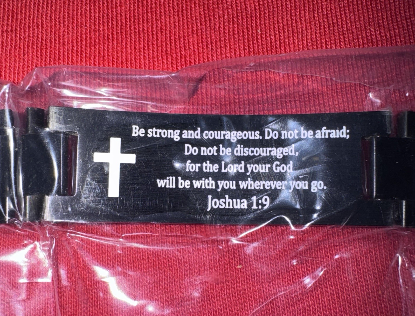 Black Stainless Steel Engraved Link Bracelet 8.3in Adjust U.S. Flag/Joshua 1:9