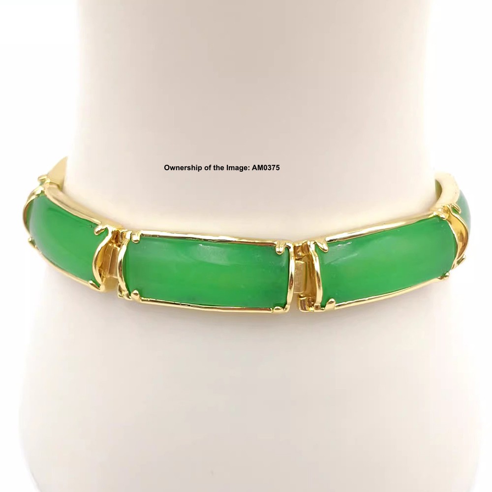 Handmade Bracelet Green Jade Yellow Plated Chinese Jade Bracelet 7.1inch
