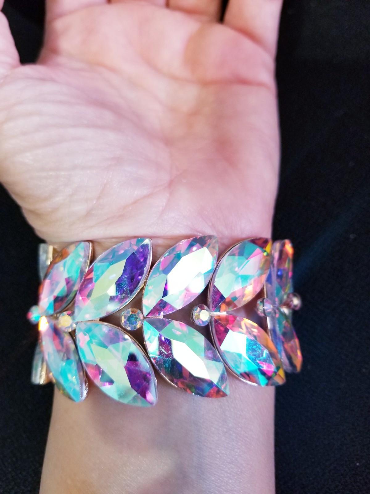 Iridescent Gold Rhinestone Stretch Bracelet Statement Drag Pageant Prom Bridal