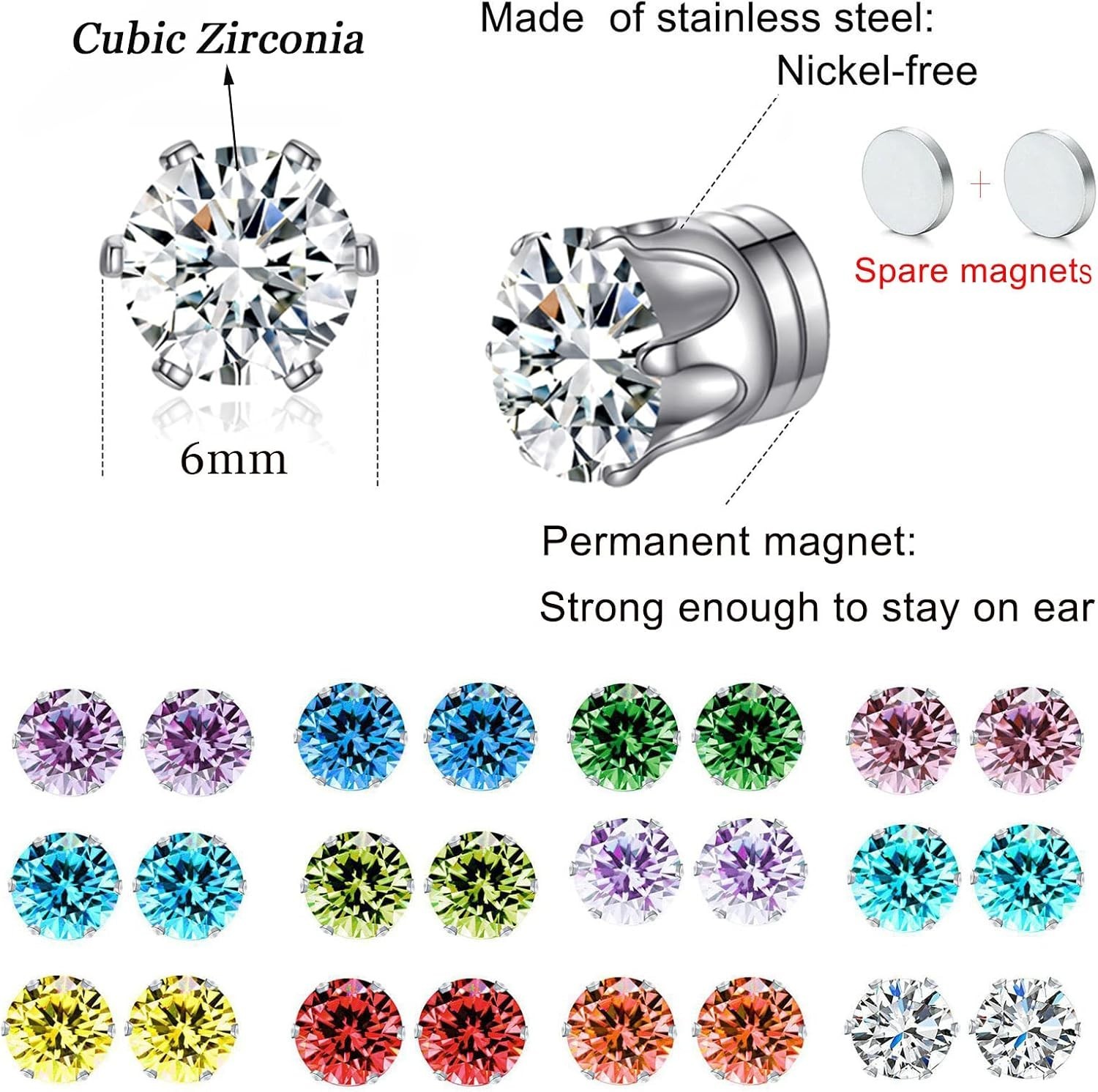 12 Pairs Colors Cubic Zirconia Magnetic Earrings Clip on Non Piercing Earring…