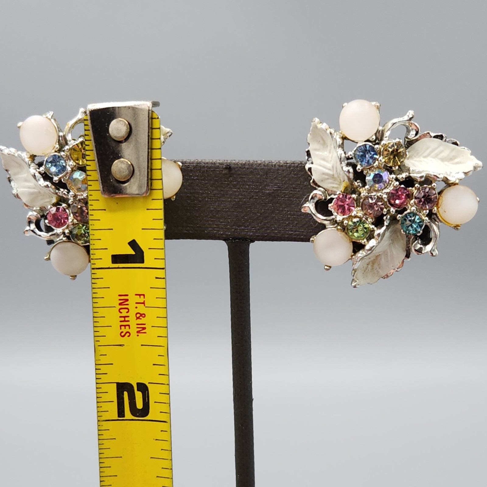 Vintage White Moonglow Enamel Pastel Rhinestone Floral Necklace & Clip Earrings