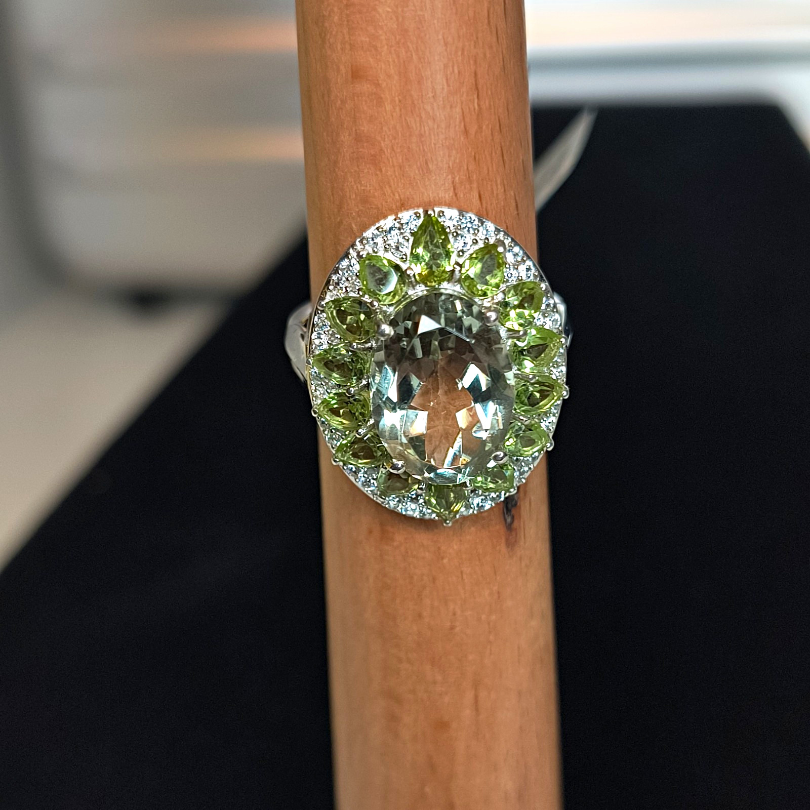 Silver Prasiolite Oval Halo Cocktail Ring Size 8 Green Genuine Gemstone 8.4 GTW