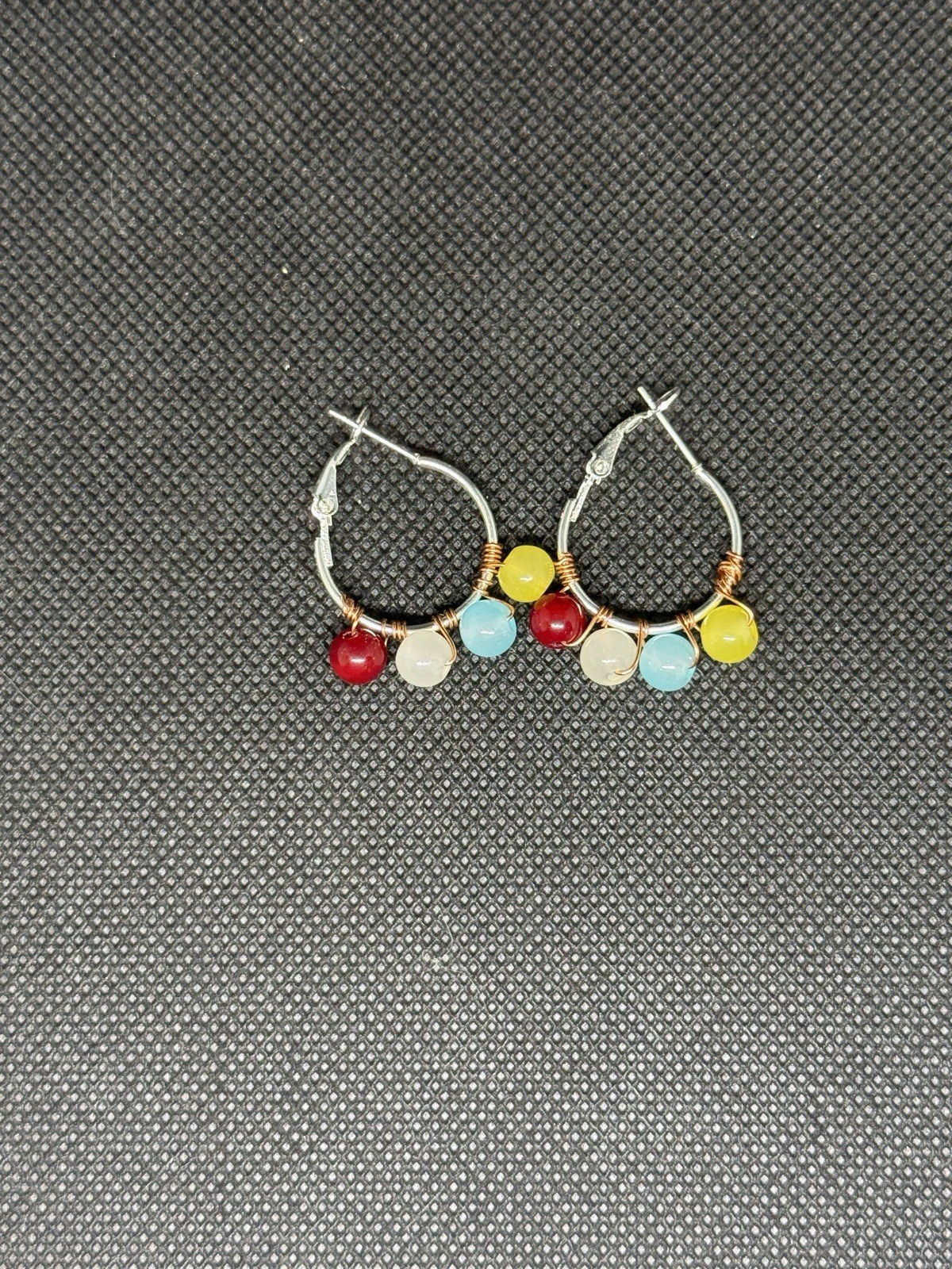 Silver Tone Round Hoop Dangle Drop Earrings Latch Back Wire Wrapped Beads