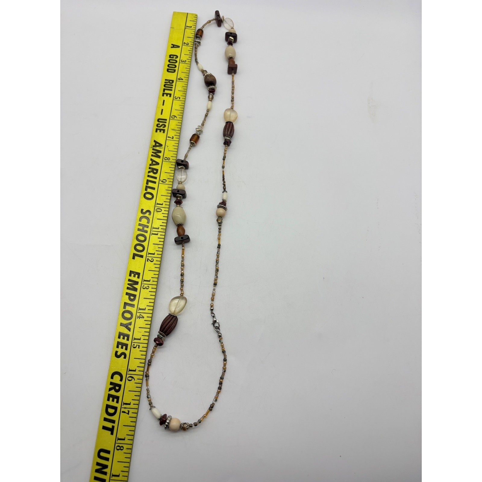 Bohemian Long Beaded Necklace Brown Cream Earthy Tones Mixed Media 36 Inch