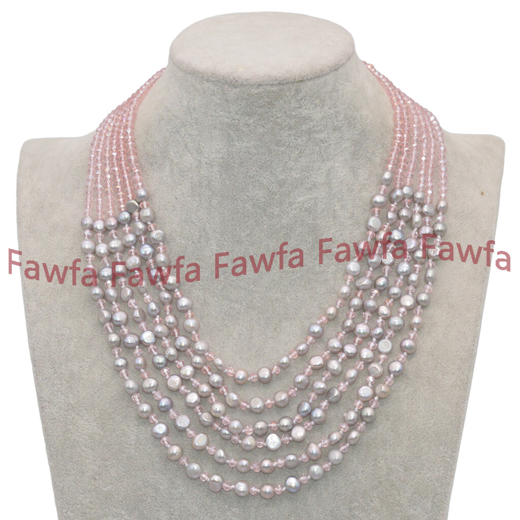 6 Rows 7-8mm Silver Baroque Pearl 3x4mm Faceted Pink Crystal Necklace 18-23”
