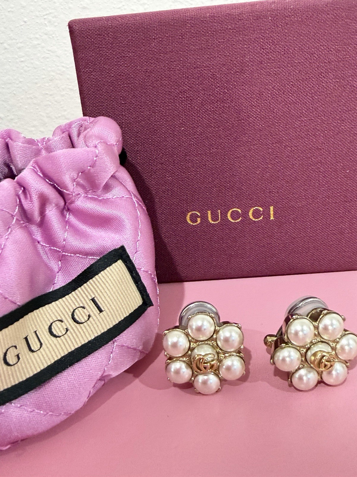 Authentic Gucci Double GG Faux Pearl Flower Earrings.