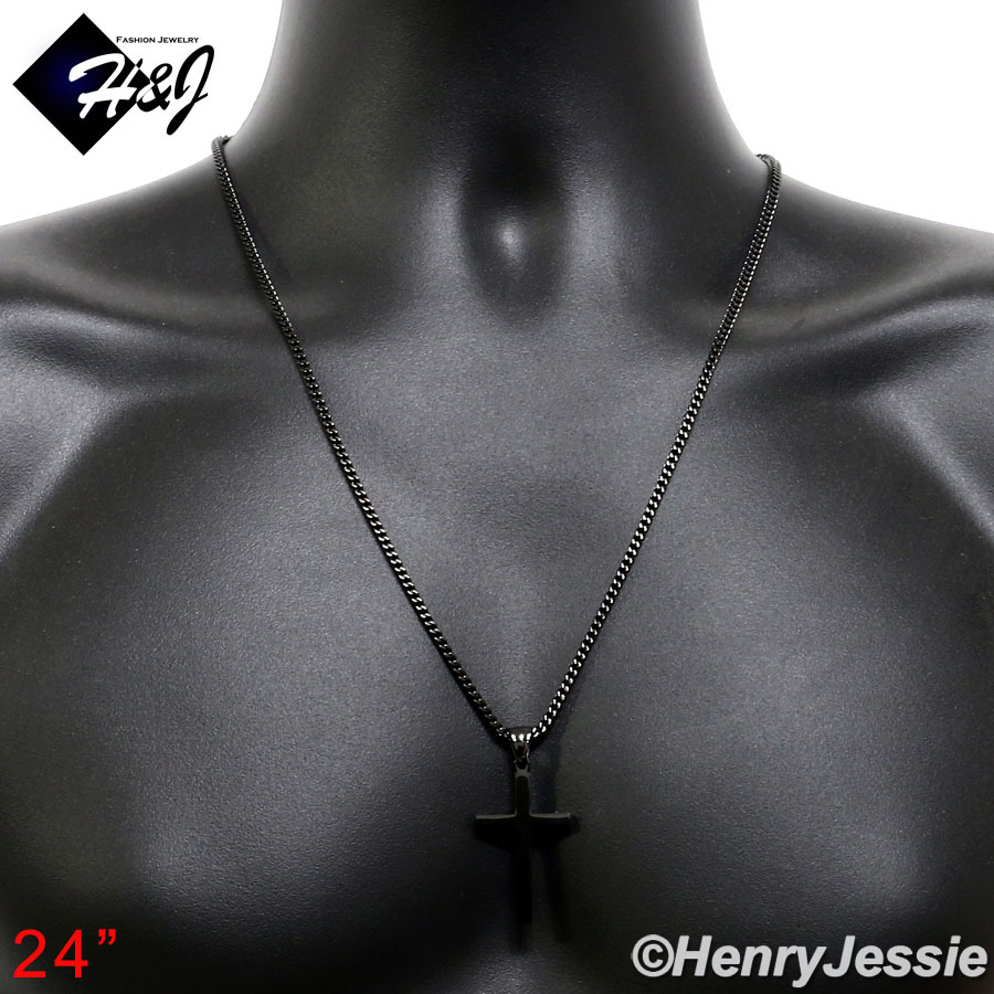 24″Stainless Steel 2mm Black Plated Franco Box Necklace Plain Cross Pendant*BP29