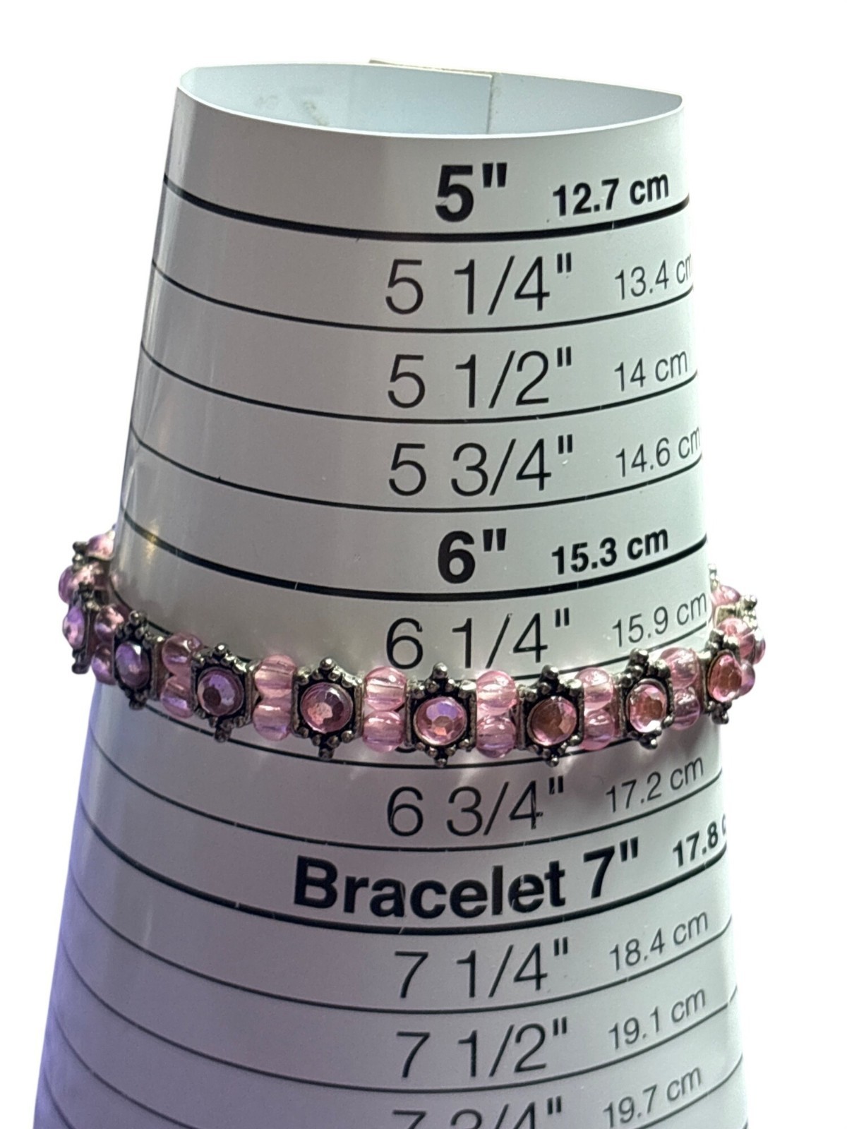 Silvertone Pink Rhinestone Beaded Stretchy Bracelet 6.5 inches Unstretched