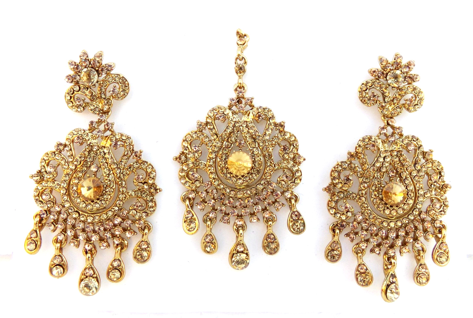 Bollywood Wedding Jewelry Ethnic Gold Tone Indian Kundan Long Earrings Tikka Set