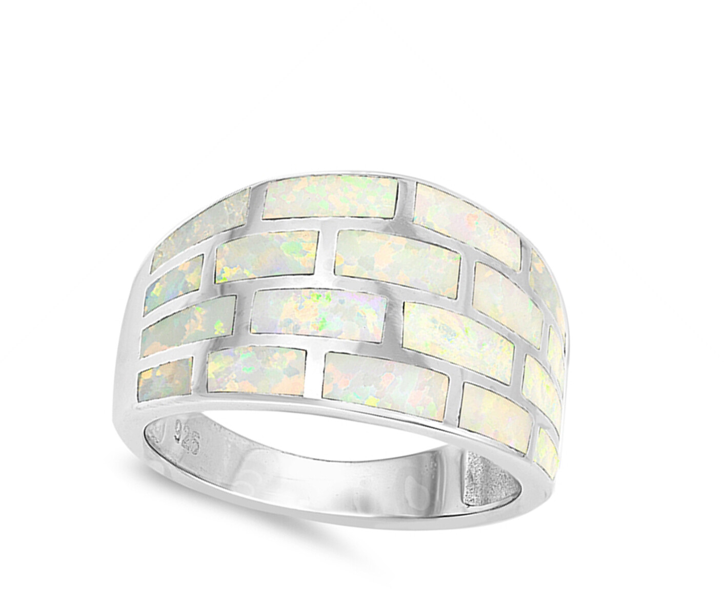 White Lab Opal Large Wide Rectangle Grid Ring Sterling Silver Band Sizes 5-10