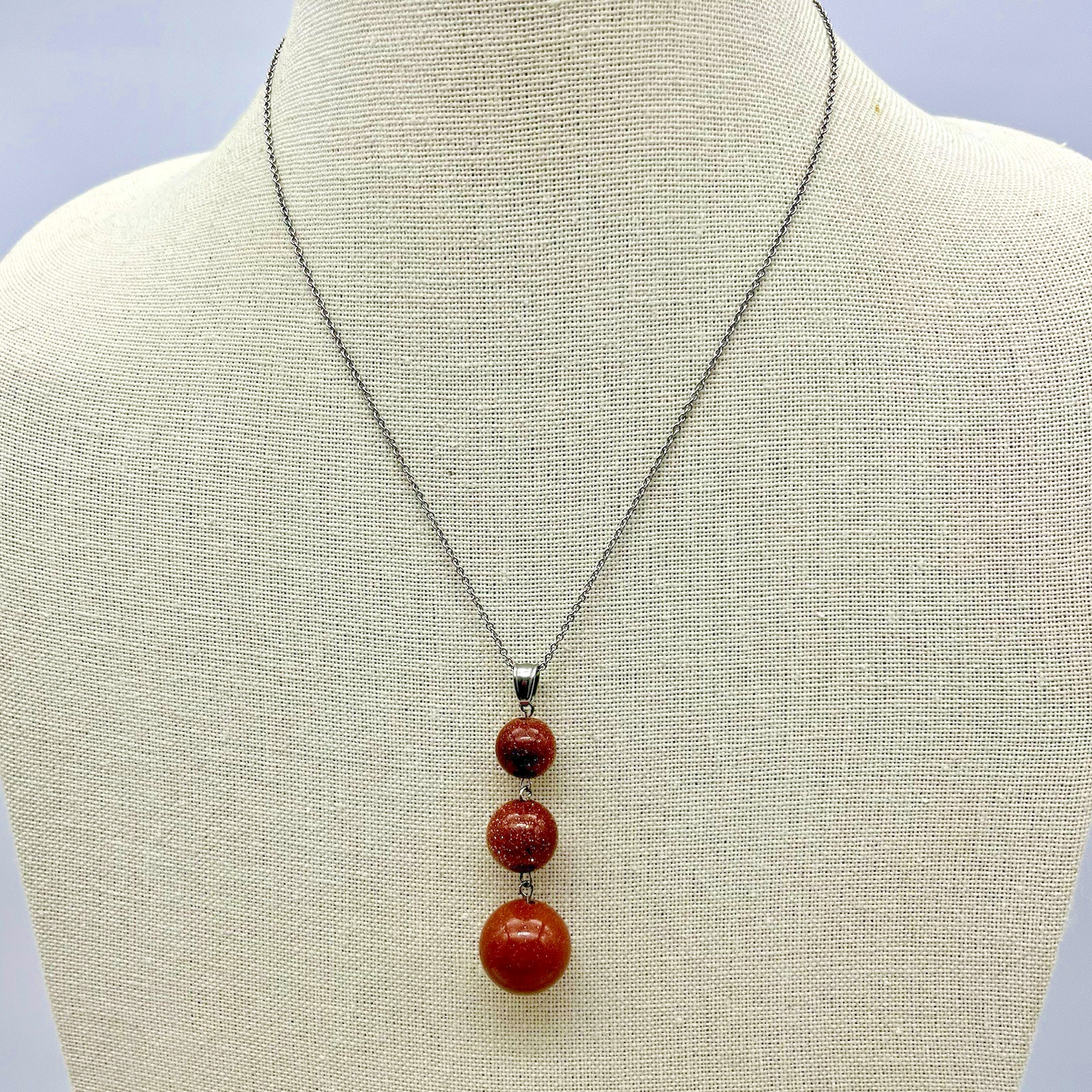 Goldstone Triple Ball Pendant Necklace 18″