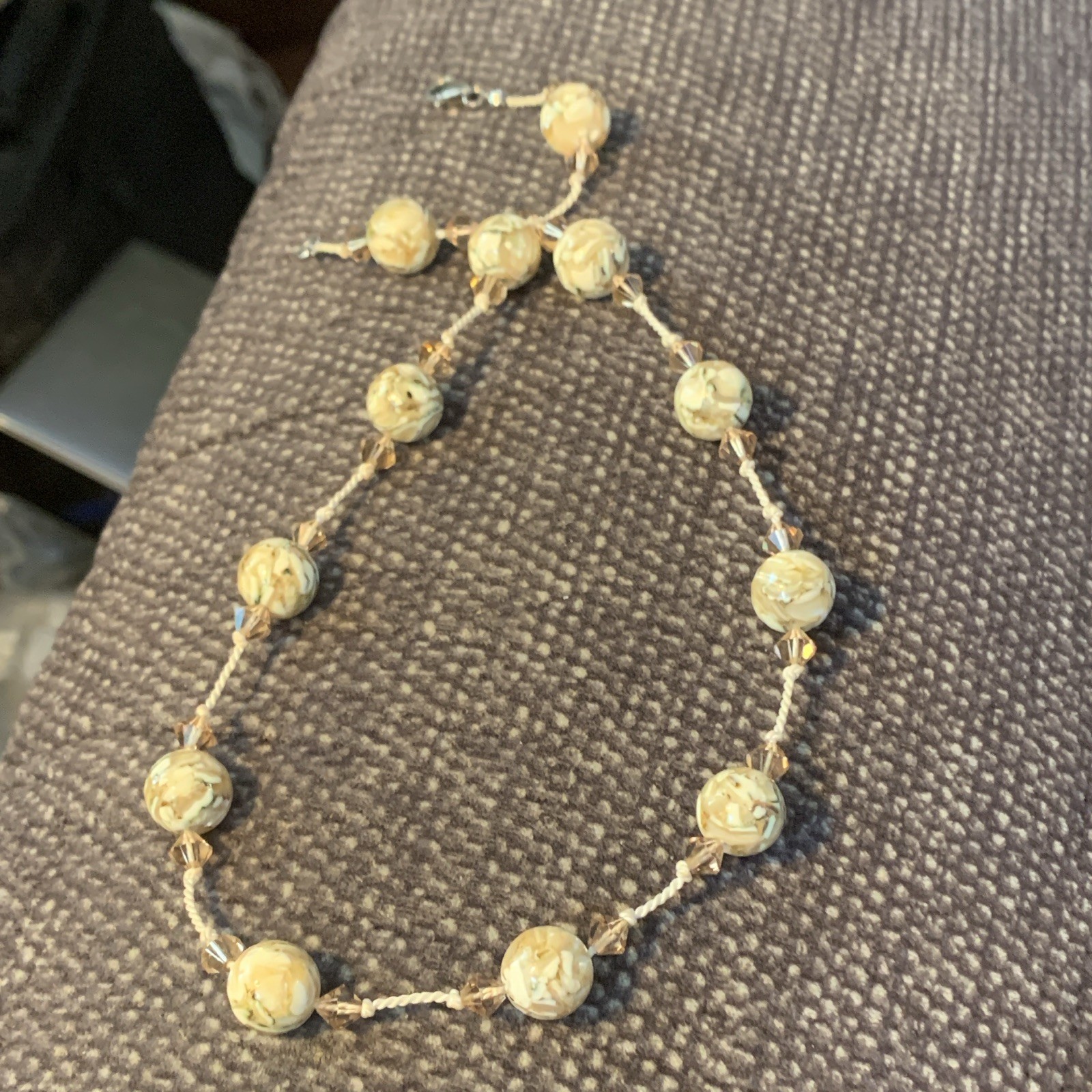 Cream Beaded Murano Marbled glass beads Necklace Twisted Cord 925 Lobster Clasp