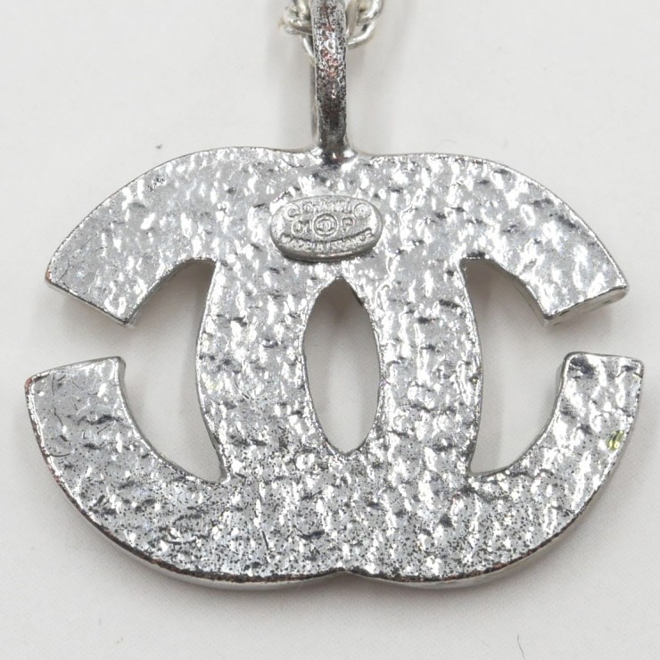 CHANEL Coco Mark Pendant Necklace Silver Tone Clear Stone 42cm