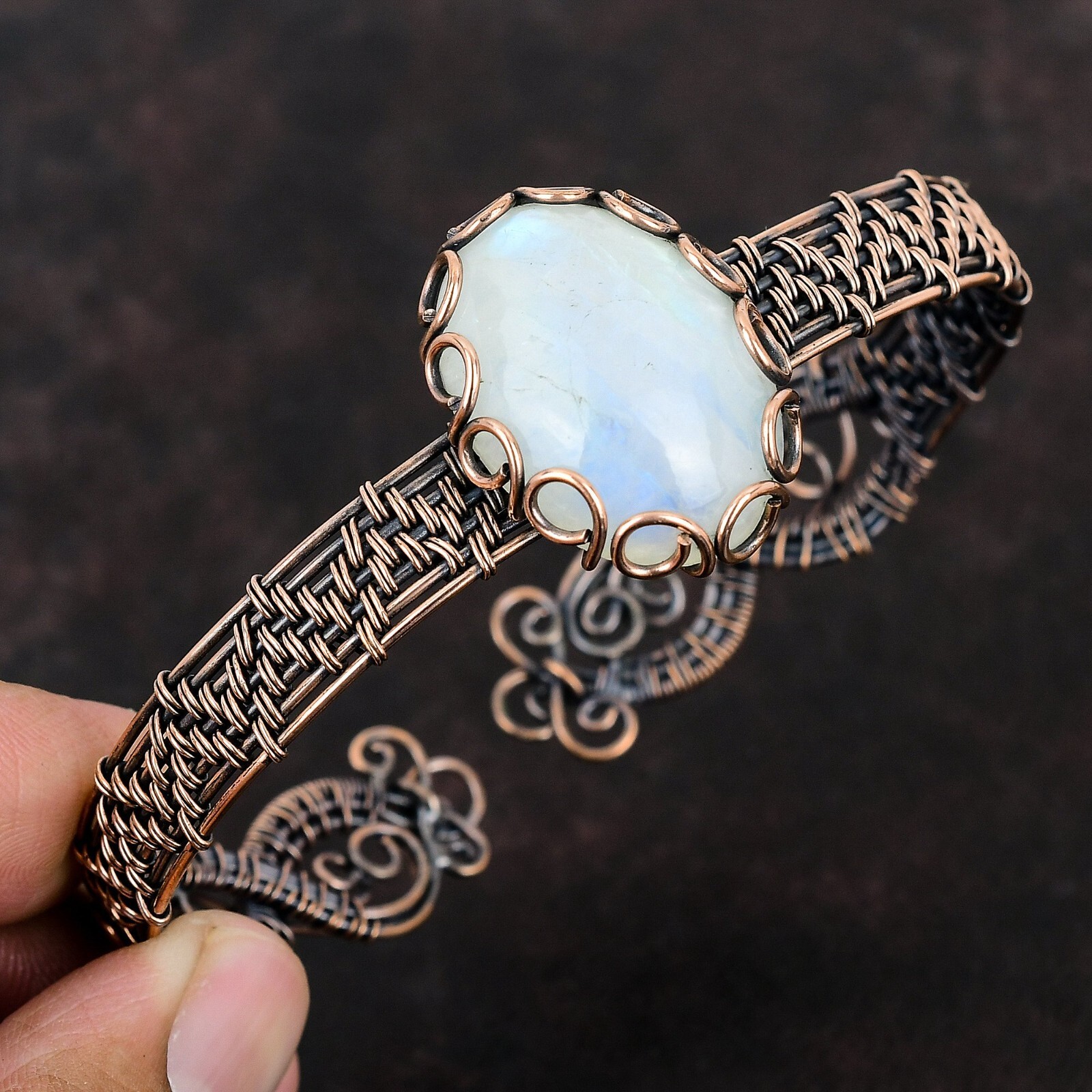 Rainbow Moonstone Wire Wrapped Adjustable Bangle Handcrafted Copper Gift