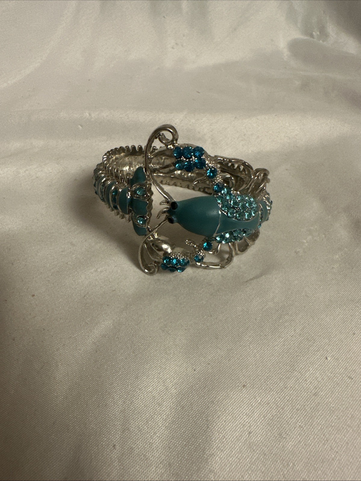 Vintage Looking Silver Tone with Blue Rhine Stone Lobster Design Bangle Cuff