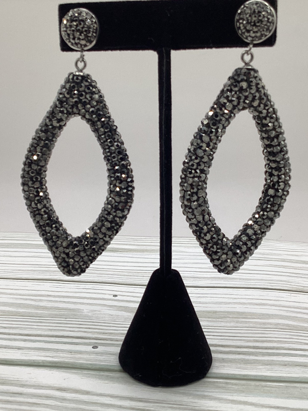 HSN JK NY Crystal Pave set Silvertone Open Diamond Shaped Drop Earrings