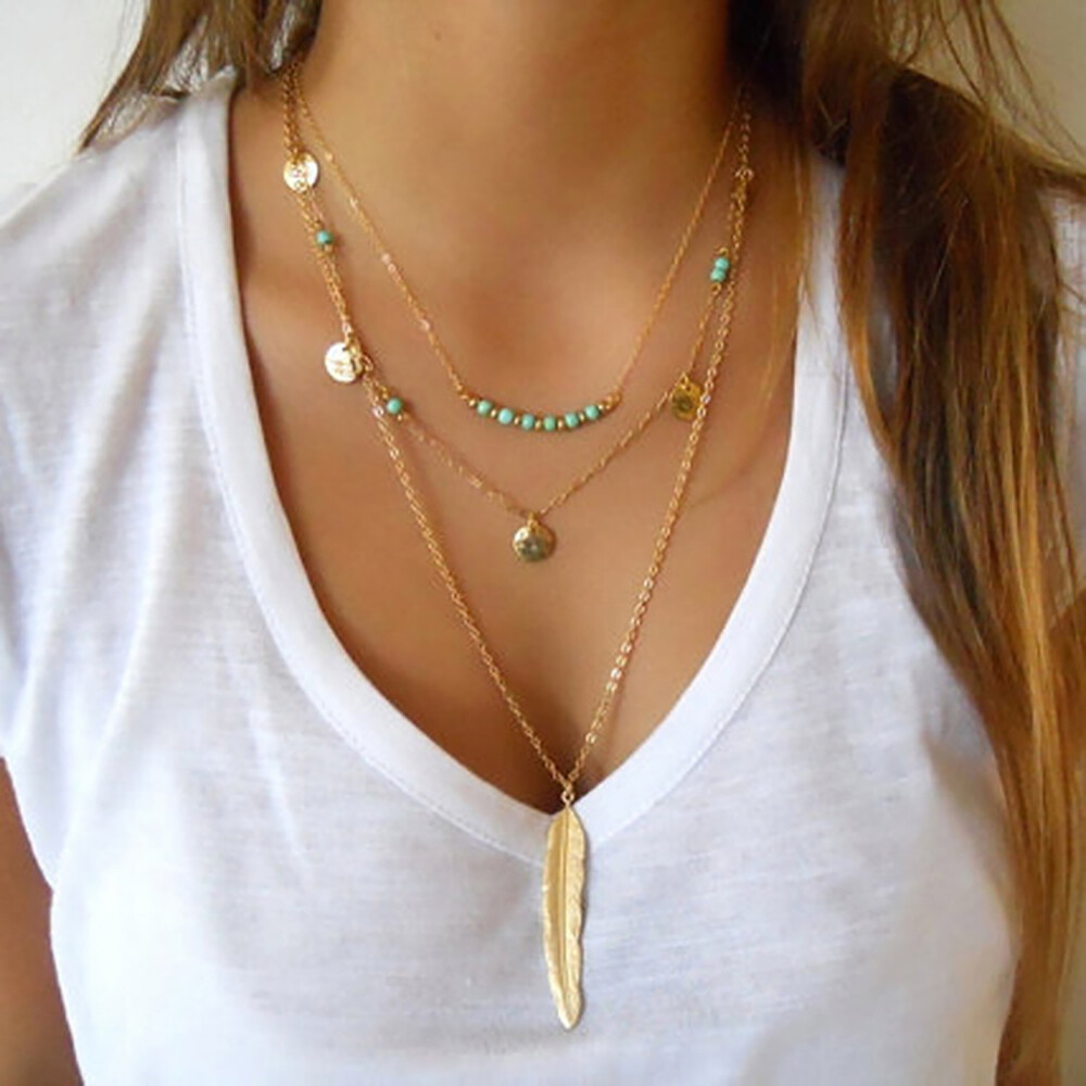 Gold Color Chain Necklace Womens Ladies Feather Pendant Glossy Jewelry Necklace