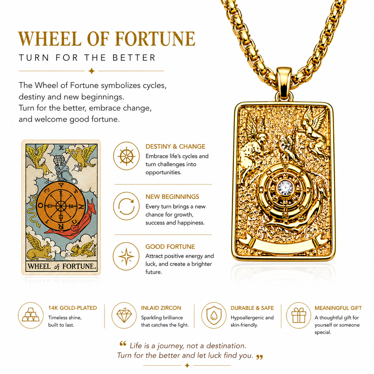 Gold Tarot Necklace, Gothic Spiritual Pendant with Cubic Zirconia, Tarot Card