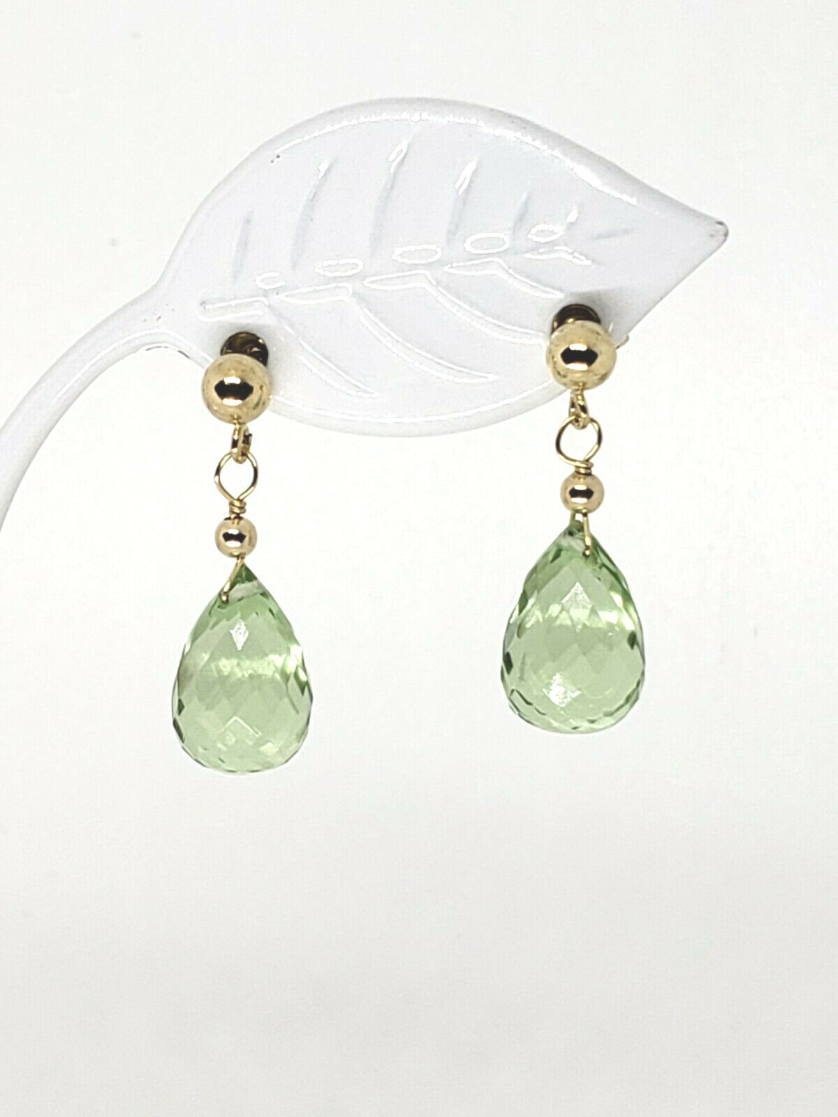 14k Yellow Gold Green Amethyst Briolette Ball Post Drop Earrings