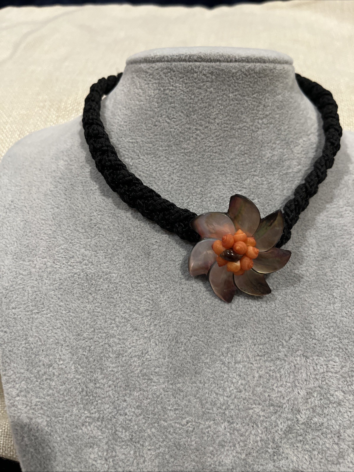 Tahitian Mother of Pearl Shell Choker Necklace with Black Cord 16 In