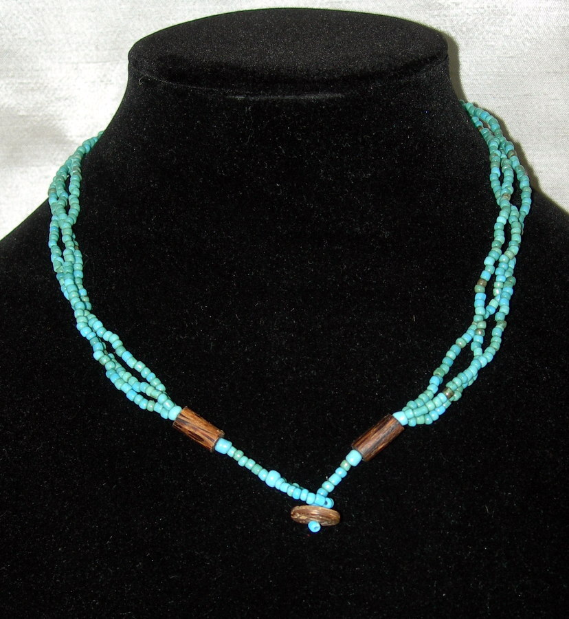 Santa Fe Style Turquoise Color Bead Three Strand Necklace with Shell Centerpiece