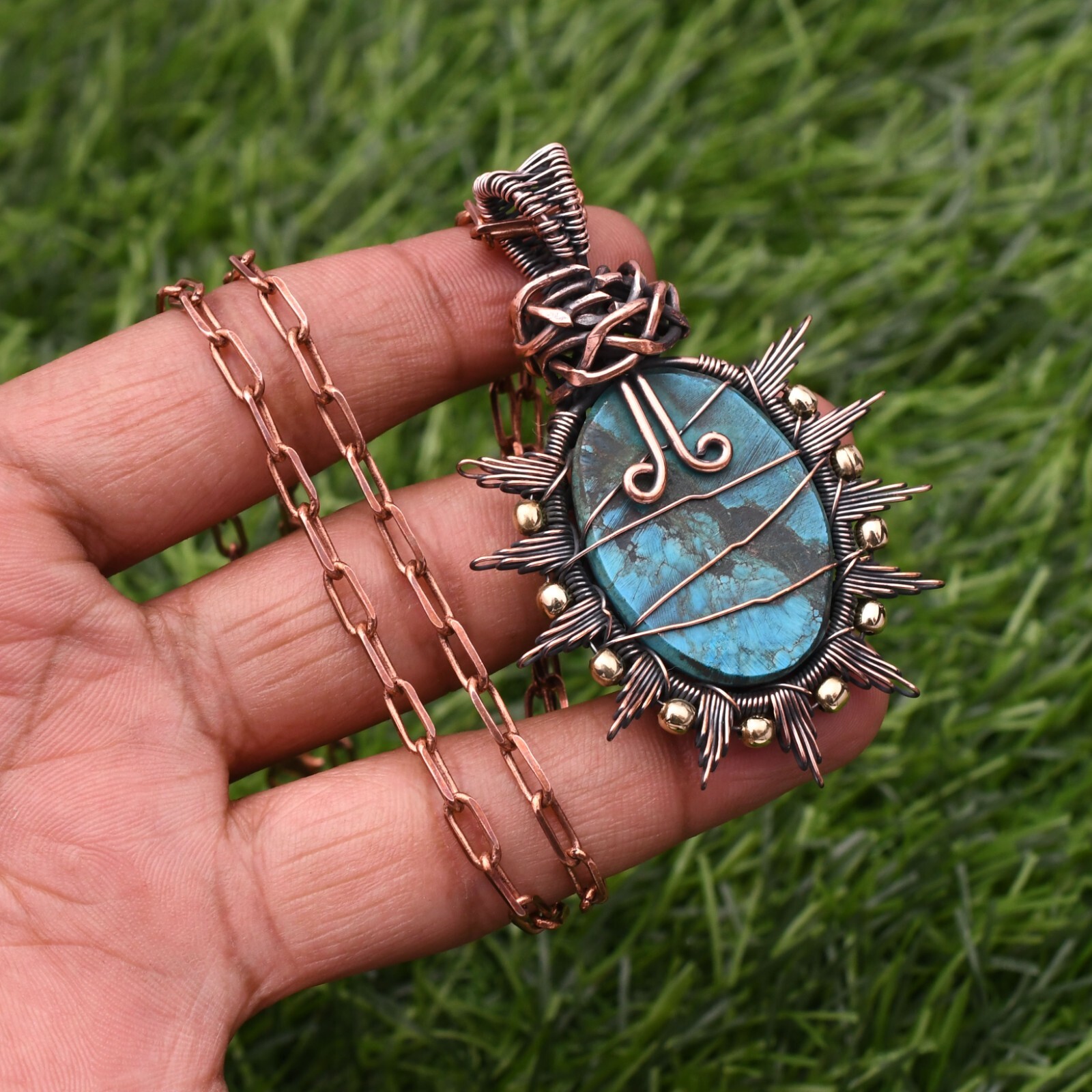 Turquoise Pendant Gemstone Copper Wire Wrap Handmade Jewelry Pendant 2.28″