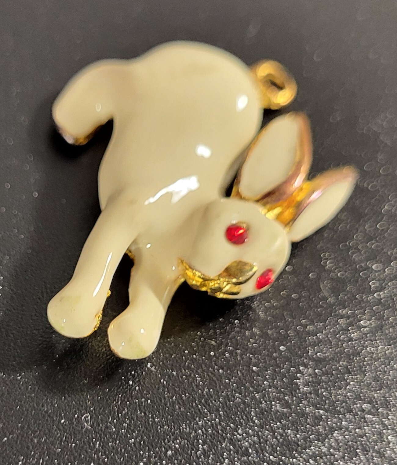 Enameled White Bunny Charm Made With Unknown Base Metal In Gold Color Red Eyes