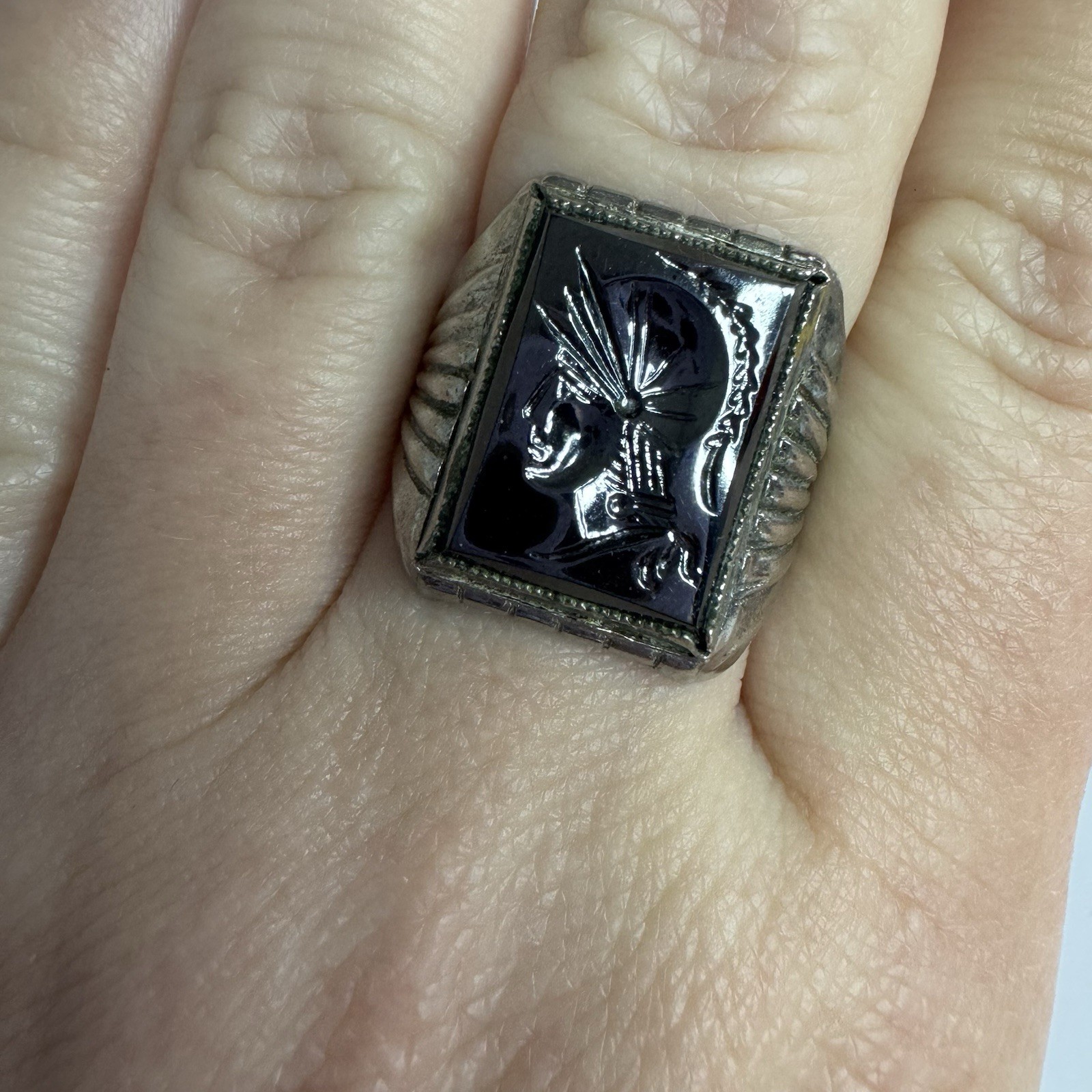 Vintage Art Deco Intaglio Hematite Ring Roman Soldier Size 9 Mens 70s