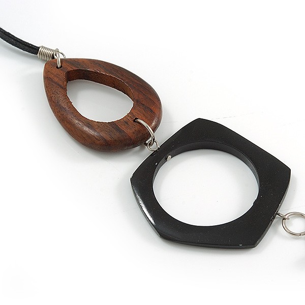 Brown/ Grey Acrylic Wood Bead Black Cord Cotton Necklace – 74cm Long