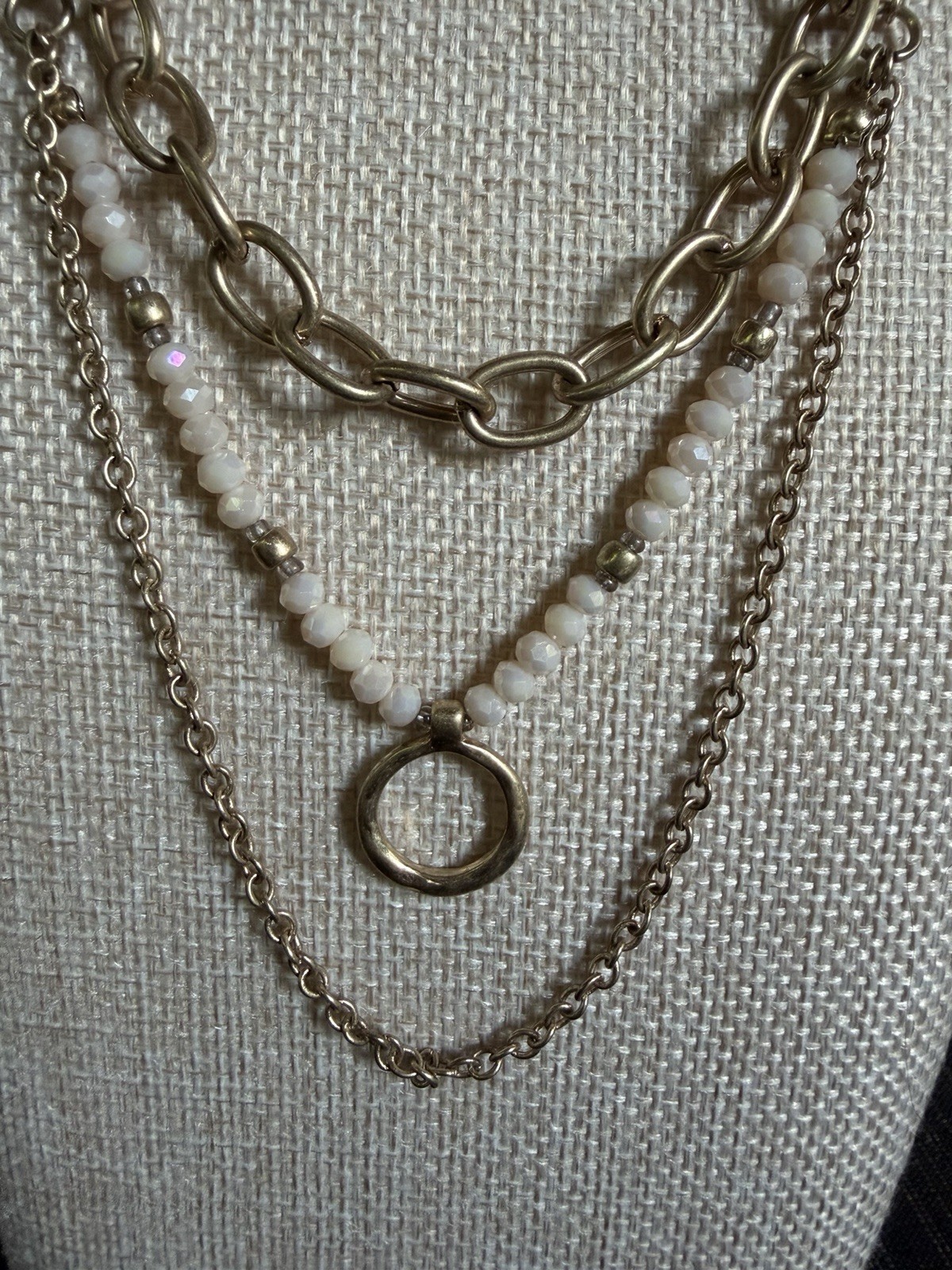 Gold Tone Layered Multi-Strand Cable Chain Necklace w/ White Beads Circle Charm