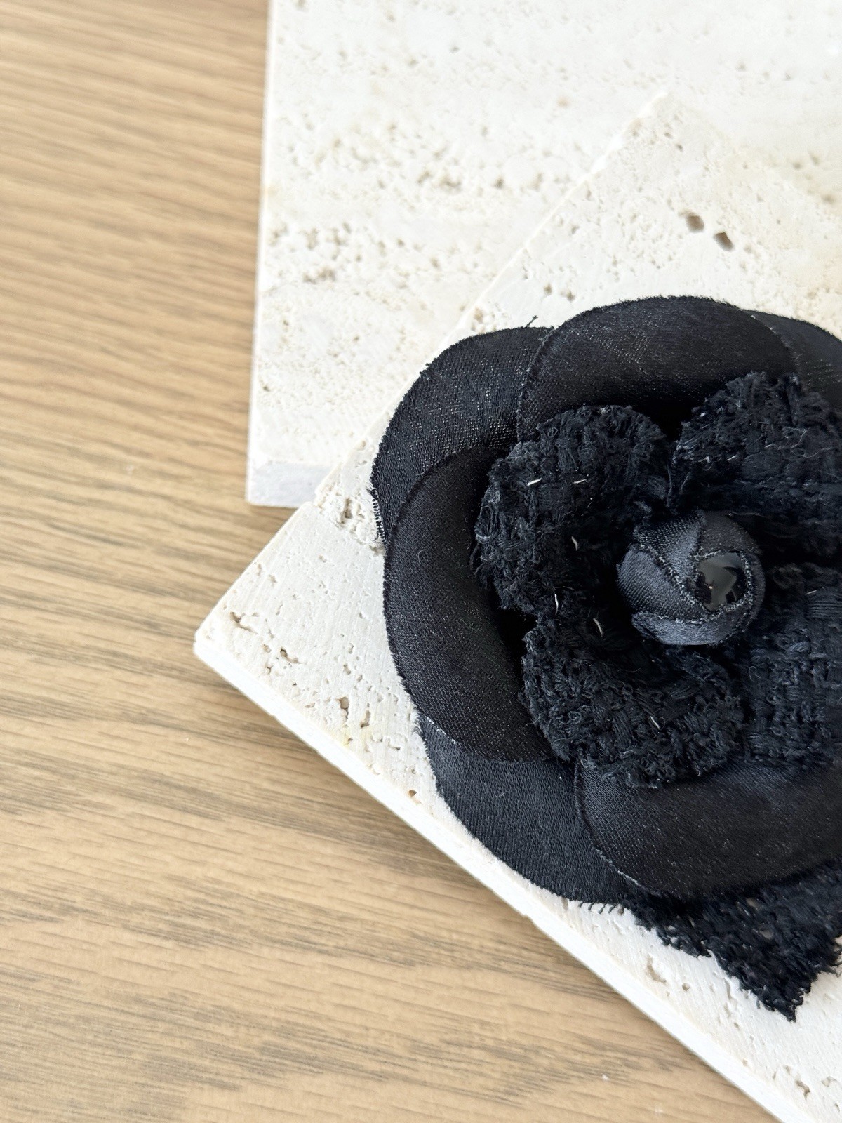 CHANEL Camélia Brooch crafted from black tweed/canvas