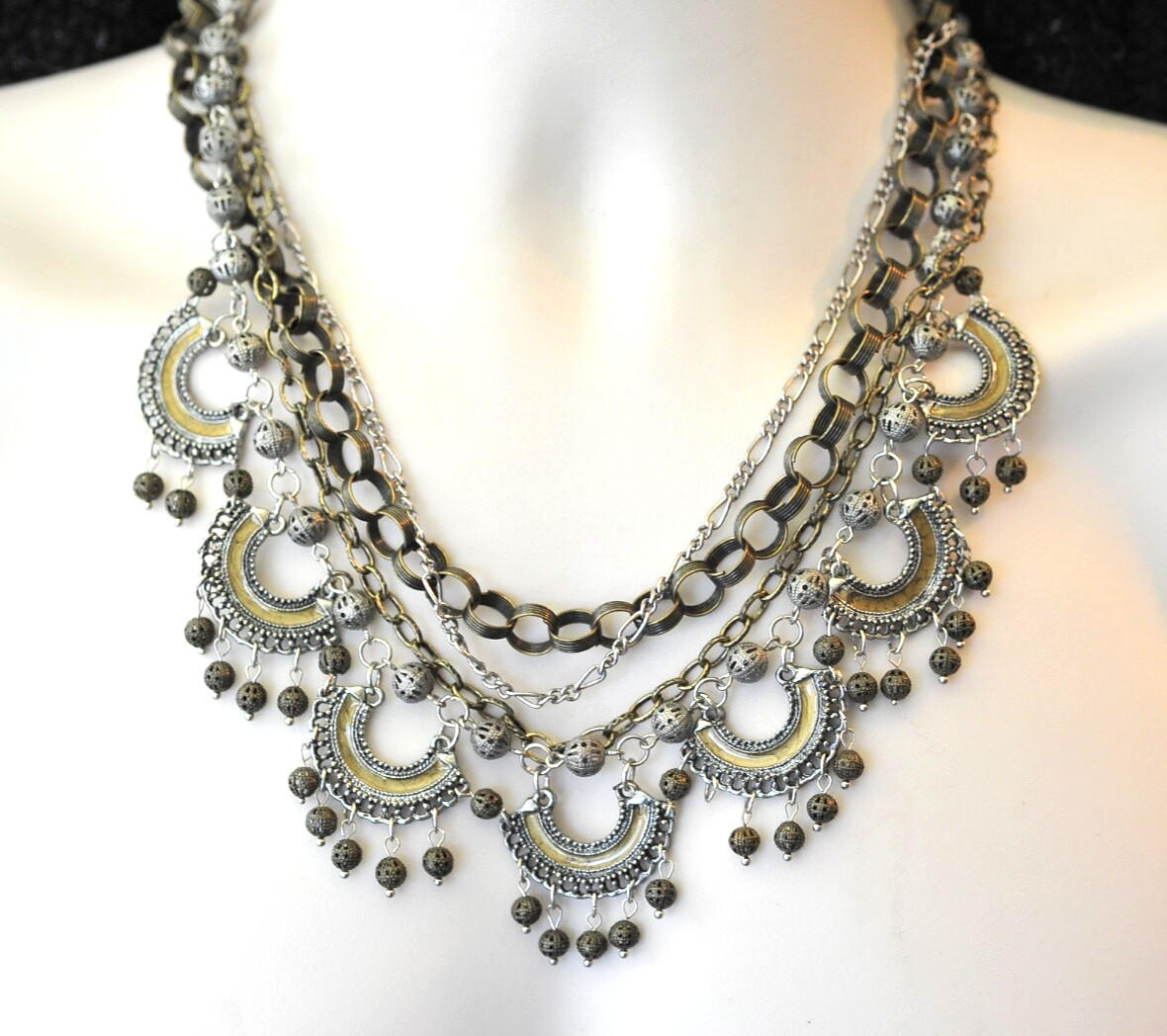 Treska Multi Chain Charm Necklace 2 tone layered statement boho 1 missing ball