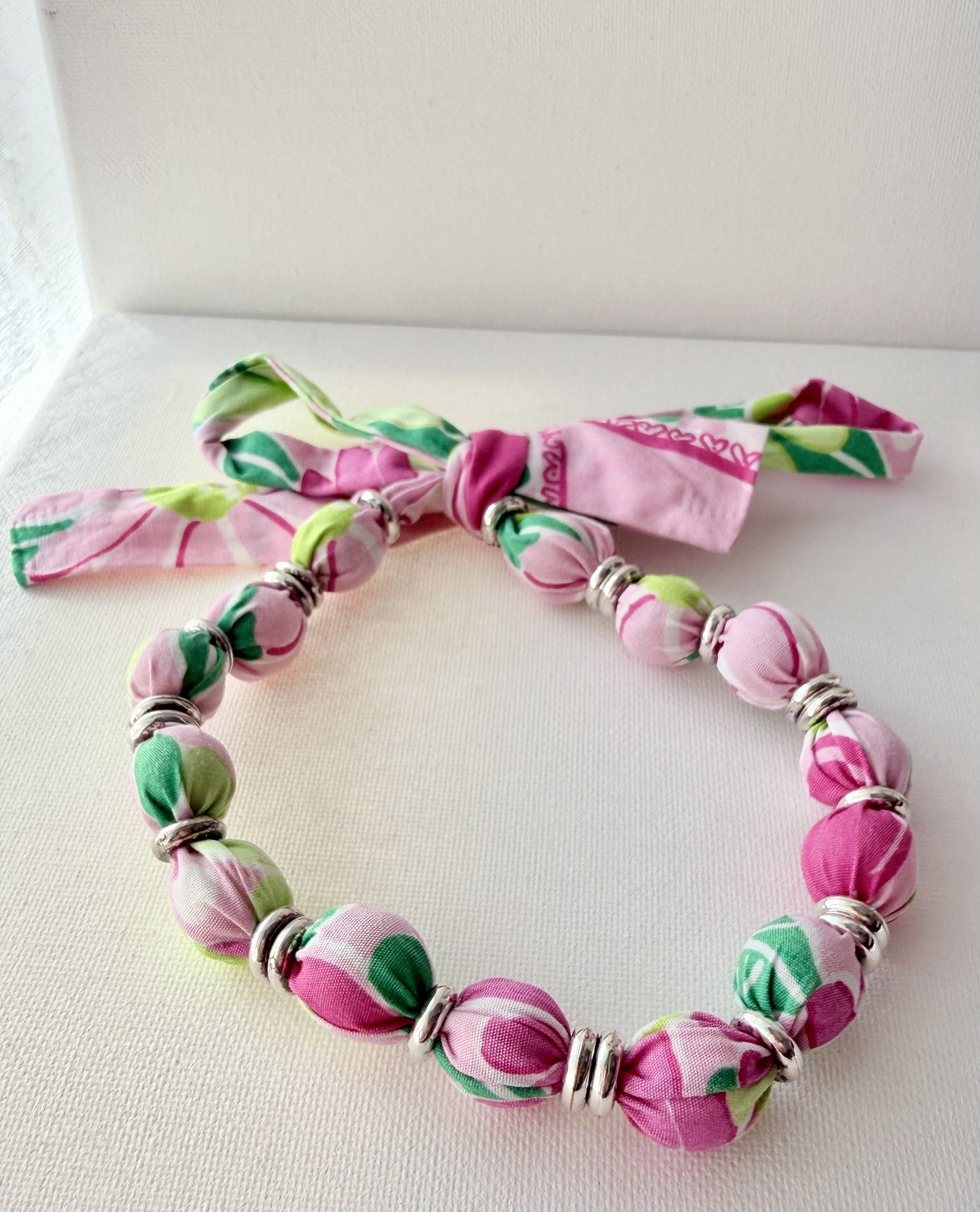 Pea Pods Fabric Bead Necklace Pink Green Floral Adjustable Tie Boutique