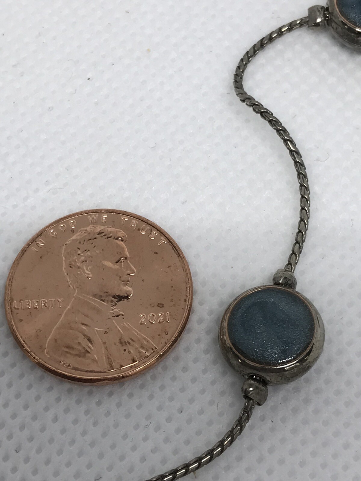 Silvertone and Blue Circle 30″ Clasp Necklace Strand String