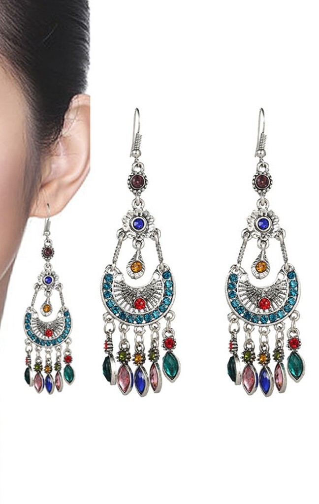 Gorgeous Women Ancient Silver Bohemian Earrings Half Moon Flowers Tassel