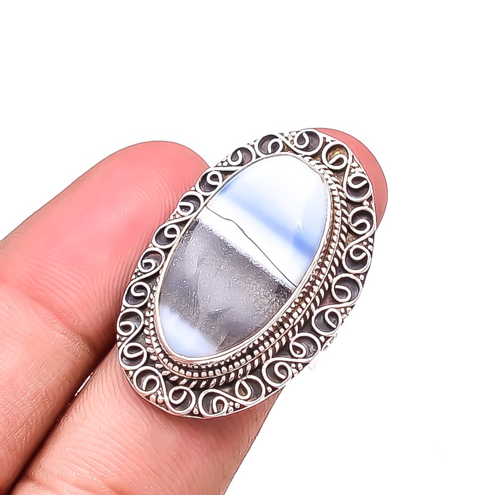 Banded Blue Opal – Owyhee Gemstone 925 Sterling Silver Bali Ring S.8 R23