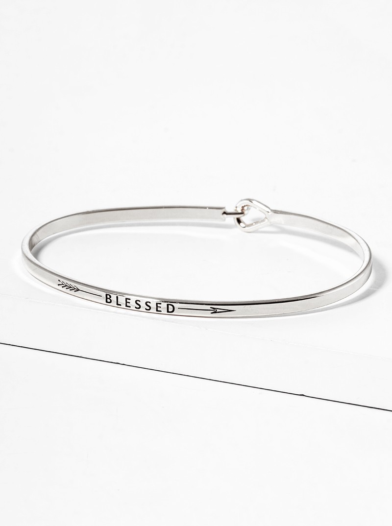 Blessed Engraved Polished Brass Bangle, 0.2in Wide, Gold or Silver Tone